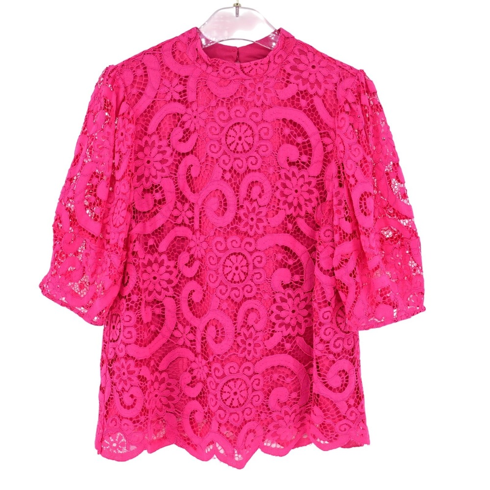 Y2K Style Lace Nanette Lepore Pink Lace Mock Neck 3/4 Sleeve Top Shabby Chic